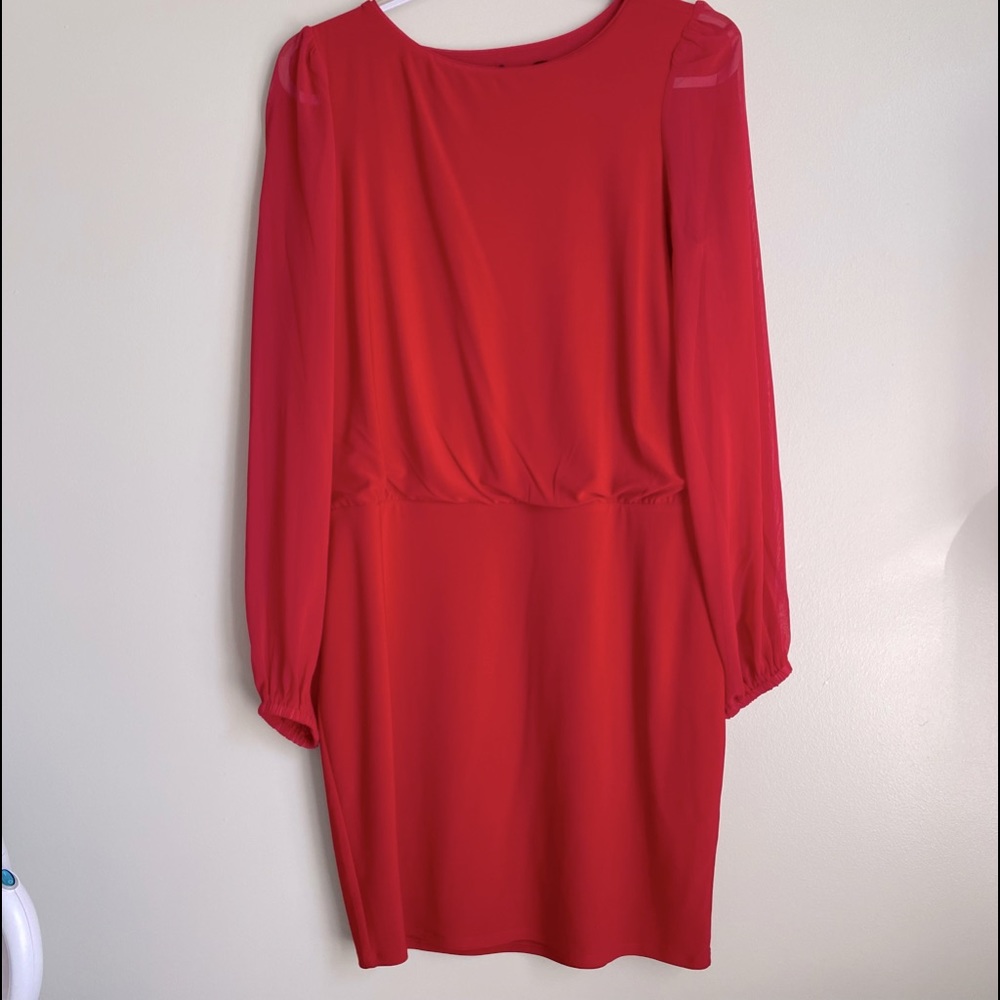 NWT White House Black Market Chiffon-Sleeve Blouson Dress, Red, Size M